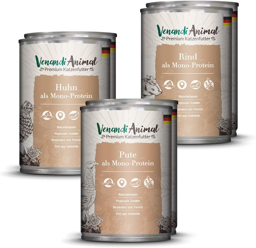 Venandi Animal Premium Nassfutter für Katzen, Probierpaket - 6 x 400 g, 2.4 kg &amp; Premium Nassfutter