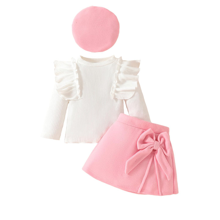 Kleinkind Baby Mädchen Outfits Rüschenärmel Gestrickt Bowknot Shirt + Elegant Mini Rock+ Baskenmütze