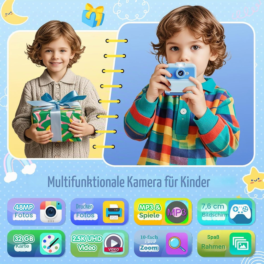 CAMCLID Sofortbildkamera Kinder, 3,0 Zoll Bildschirm Kinderkamera Sofortbildkamera, 48MP/2,5K UHD Ki