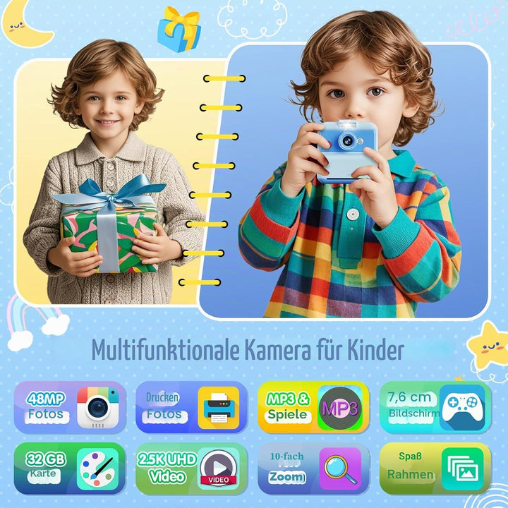 CAMCLID Sofortbildkamera Kinder, 3,0 Zoll Bildschirm Kinderkamera Sofortbildkamera, 48MP/2,5K UHD Ki
