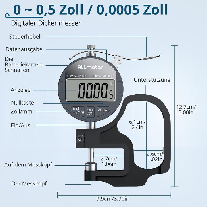 Digitales Dickenmessgerät 0–12,7 mm, 0,01 mm Auflösung, Präzises LCD-Display, Elektronisches Dickenm
