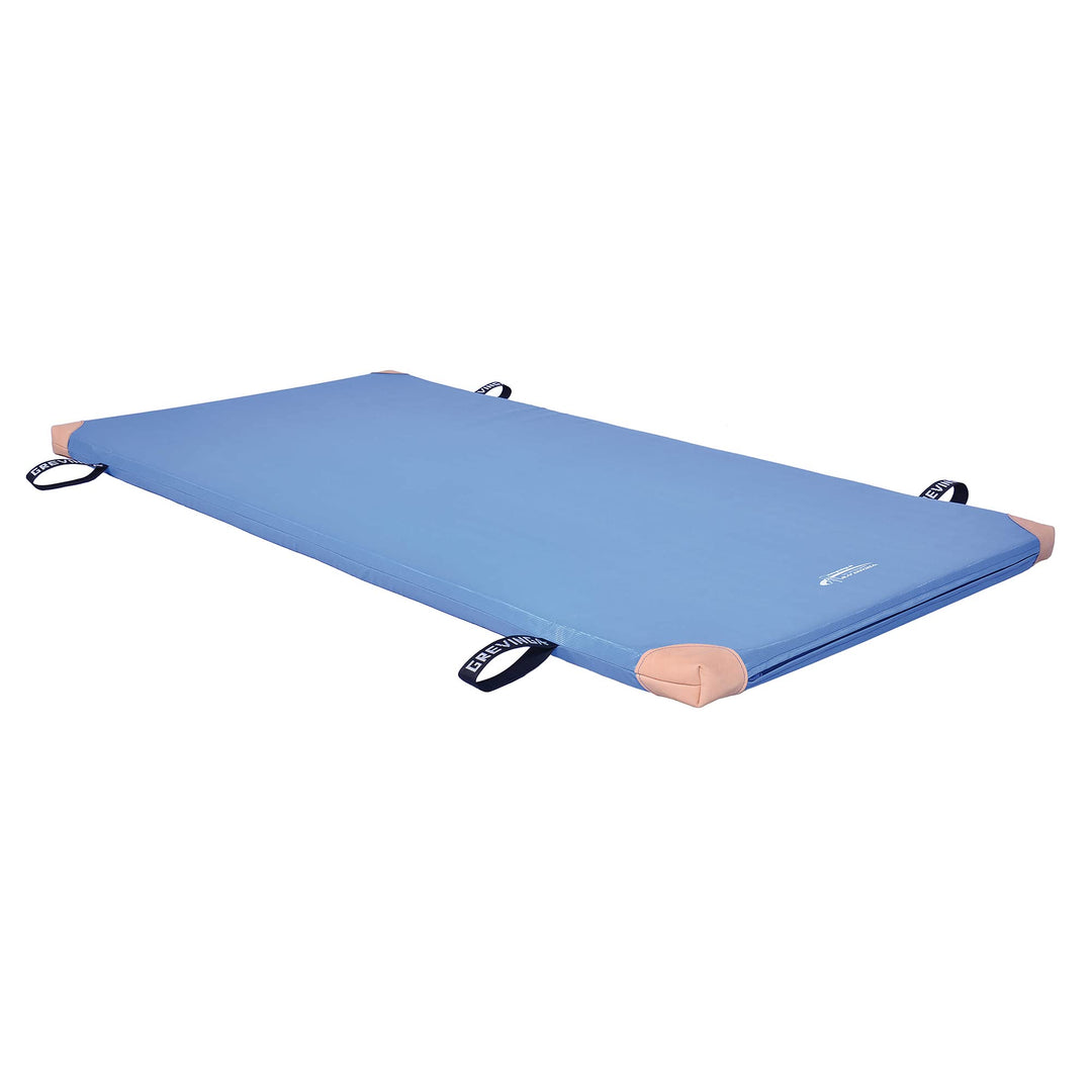 Grevinga® FUN - Turnmatte (VB 120) 150 x 100 x 8 cm Blau mit Lederecken & Tragschlaufen, 150 x 100 x