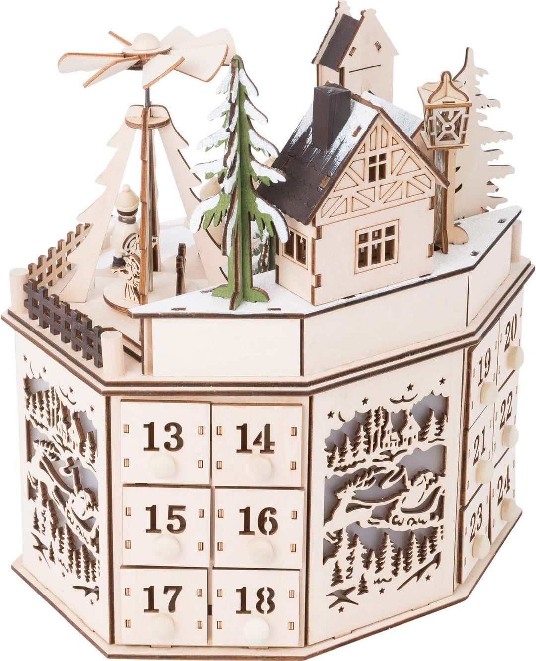 Small Foot Adventskalender mit Pyramide aus Holz, detailreich gestaltet mit Beleuchtung, mit 24 Schu