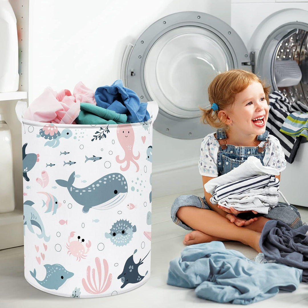 Clastyle 45L Meeres Tiere Seifenblasen Meerjungfrau Hai Rosa Blau Wäschekorb Weiss Delfine Quallen S