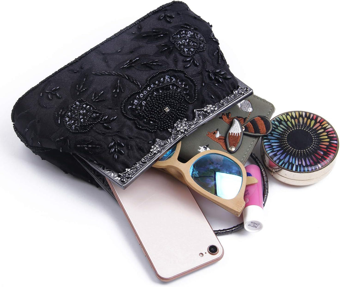 Damen Vintage Floral handgemachte Seed Bead Pailletten Clutch Geldbörse Hochzeit Abendtasche Party P
