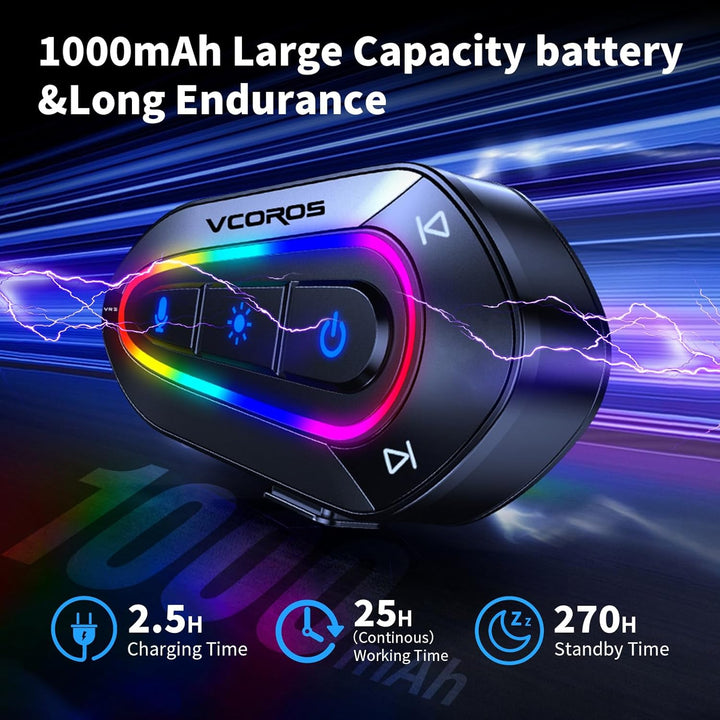 Motorrad Headset,VR2 Motorrad Bluetooth Headset,RGB Schillernde Lichter,DSP&CVC Doppelte Geräuschunt
