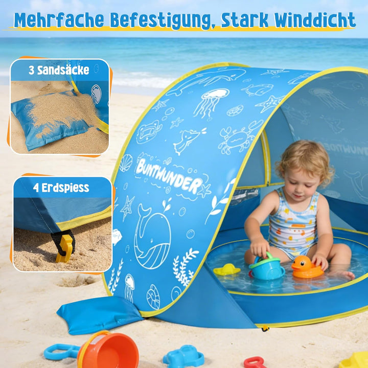 JONRRYIN Pop-up Strandmuschel Baby, Strandzelt mit UV-Schutz 50+, Tragetasche & 4 Heringen, Leichtes