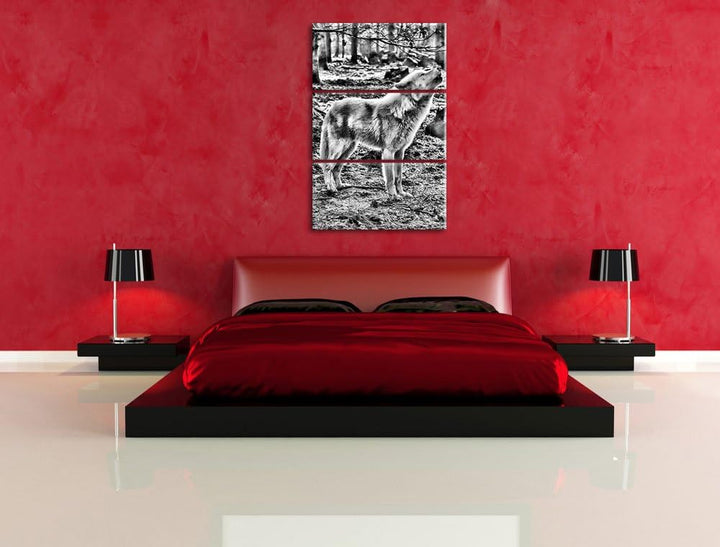 Pixxprint Monocrome, heulende Wölfe 3-Teiler Leinwandbild 120x80 Bild auf Leinwand