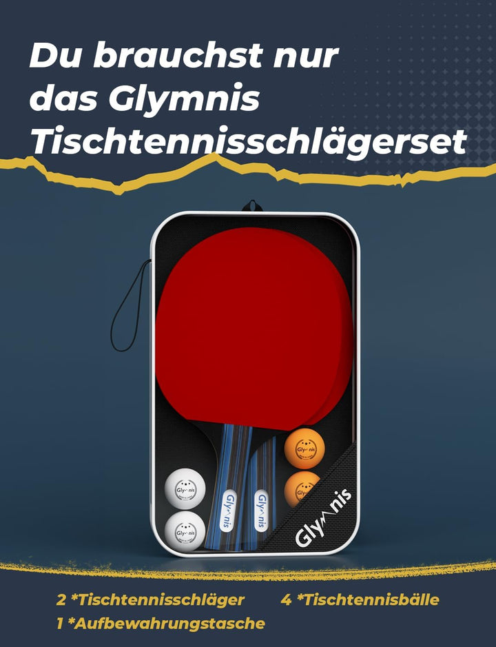 Glymnis Tischtennisschläger Tischtennis Set mit 2 Tischtennisschläger und 4 Tischtennisbälle, 1 Trag