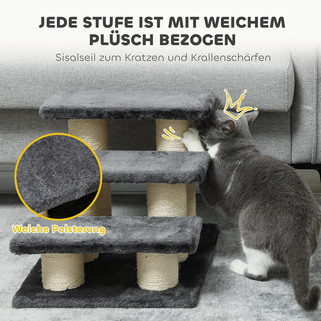 PawHut Tiertreppe Katzentreppe 3 Stufen Hundetreppe Treppe für Katze und Hunde Plüsch Dunkelgrau 45