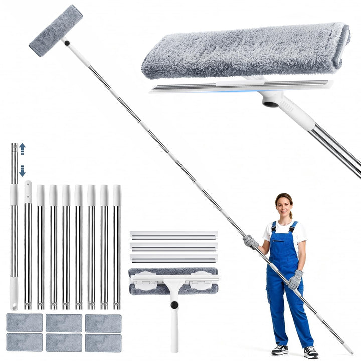 3,85m Teleskop Fensterwischer Set, 2 in 1 Profi Fensterputzer Set, Teleskopstange Fensterreinigung m