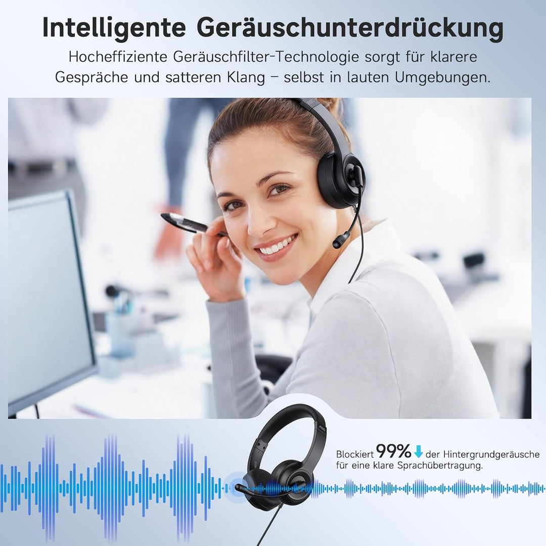 AOC Headset mit Mikrofon, Kabelgebundene On-Ear PC-Headsets mit Geräuschunterdrückung, 40mm Treiber,