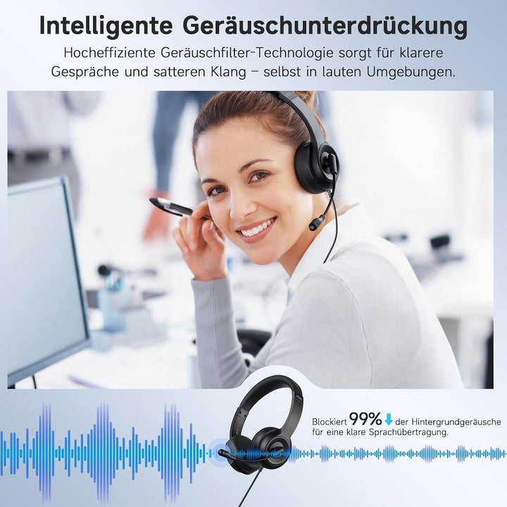 AOC Headset mit Mikrofon, Kabelgebundene On-Ear PC-Headsets mit Geräuschunterdrückung, 40mm Treiber,