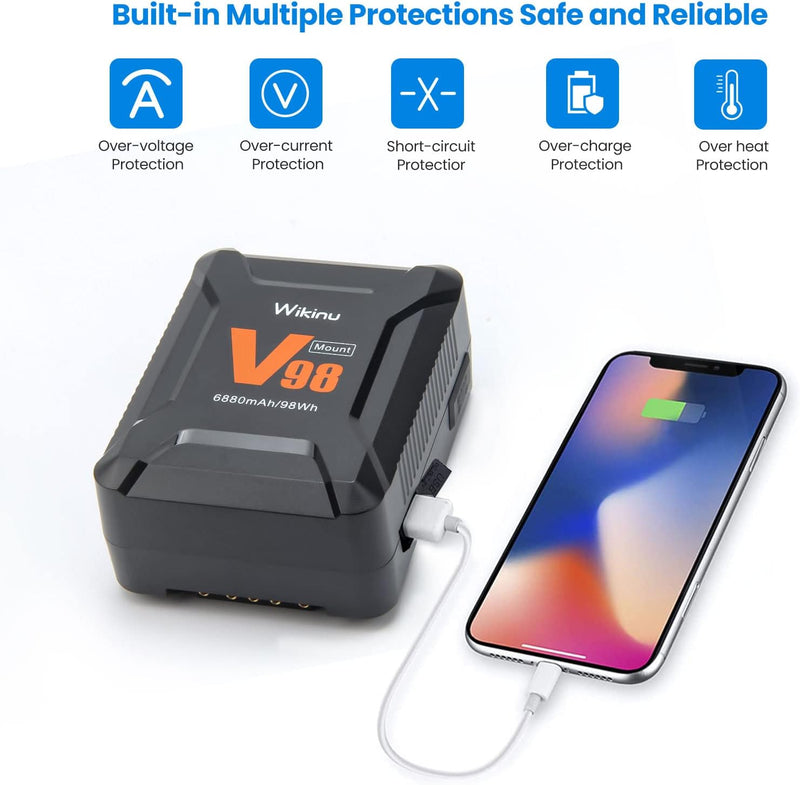 Wikinu 98Wh 6880mAh Mini V Mount/V Lock Akku mit D-tap zu DC Kabel für Broadcast Video Camcorder, So