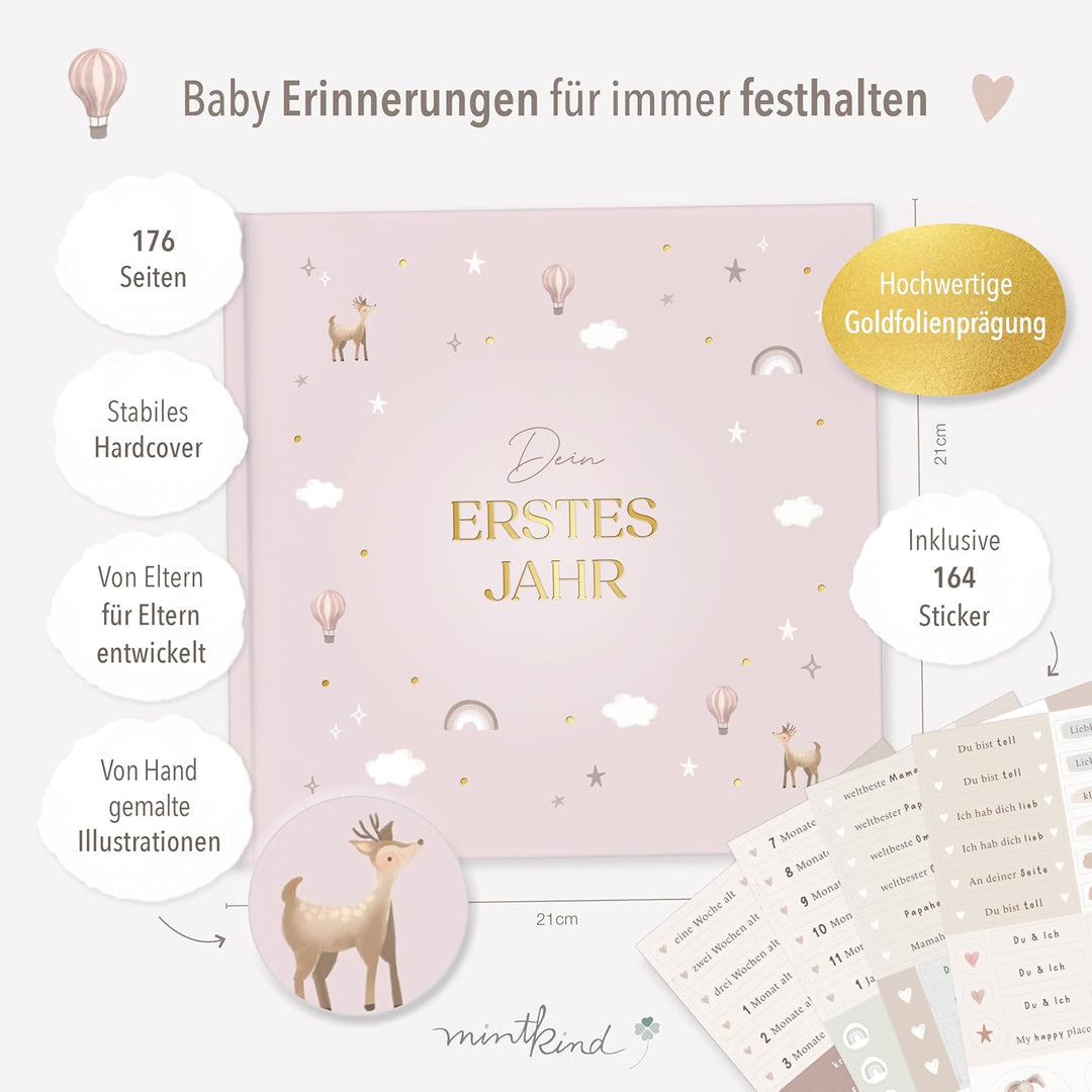 mintkind® Mein erstes Jahr Babyalbum Pattern Rosa – sanftes Babytagebuch mit 176 Seiten und Sticker-