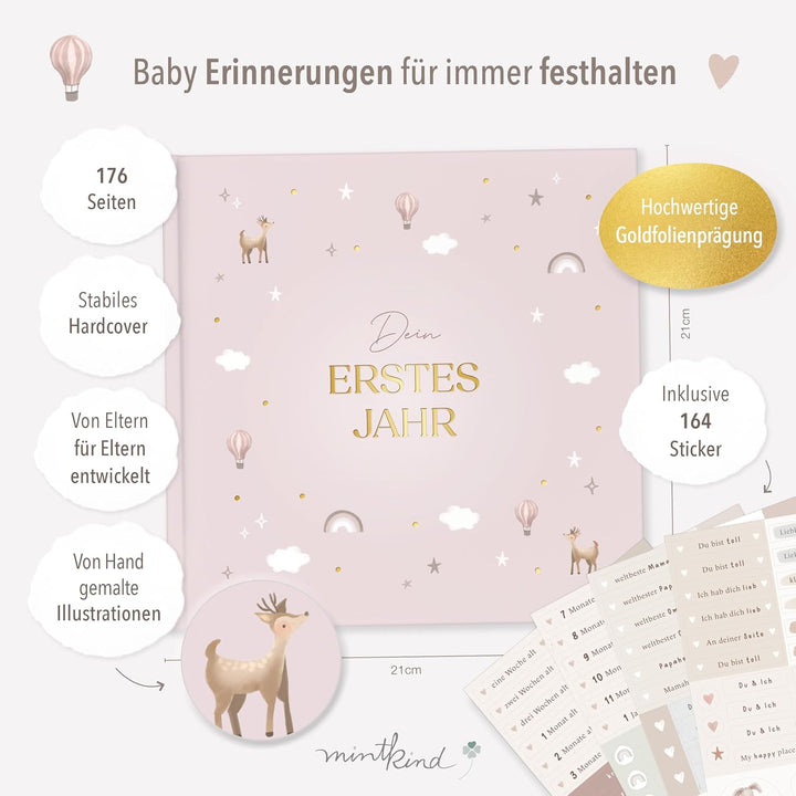 mintkind® Mein erstes Jahr Babyalbum Pattern Rosa – sanftes Babytagebuch mit 176 Seiten und Sticker-