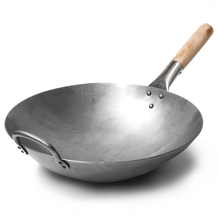 Craft Wok Traditioneller handgehämmerter Wok aus Karbonstahl mit Griff aus Holz und Stahl (Durchmess