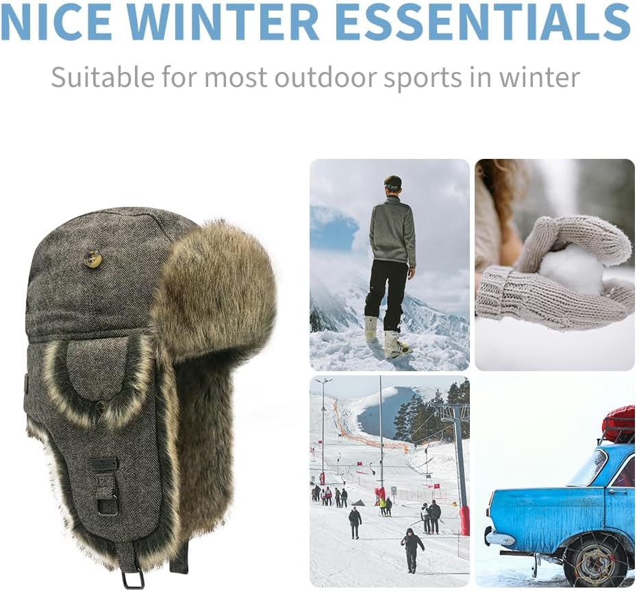 Unisex Fliegermütze Rib Wolle Bomber Aviator Pilot Hat Faux Fellmütze Winter Russische Mütze Herren