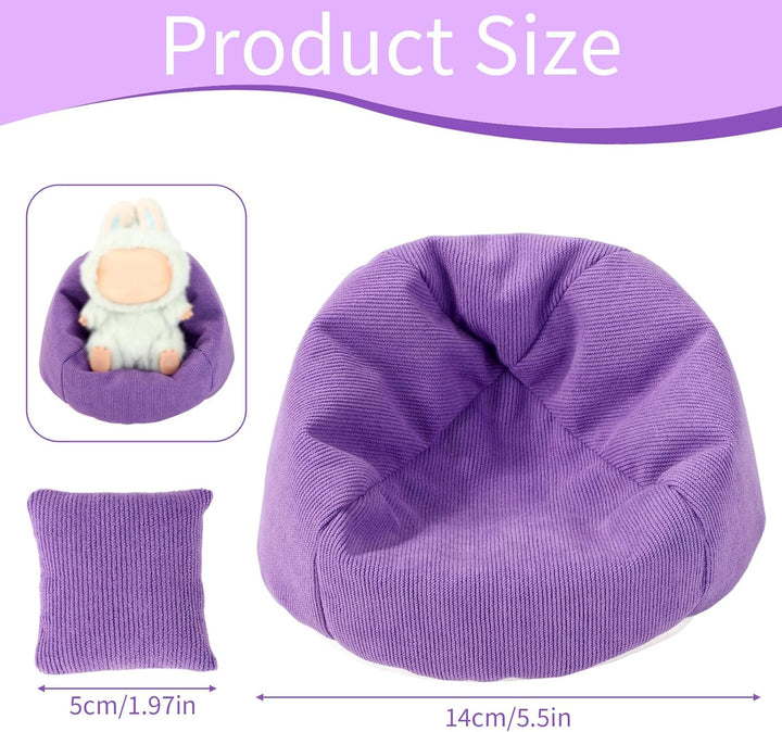 Mini Sitzsackstuhl für Puppensitz, Lila Weiches Mini Sofa mit Kissen Puppenanzeige Couch Miniaturmöb