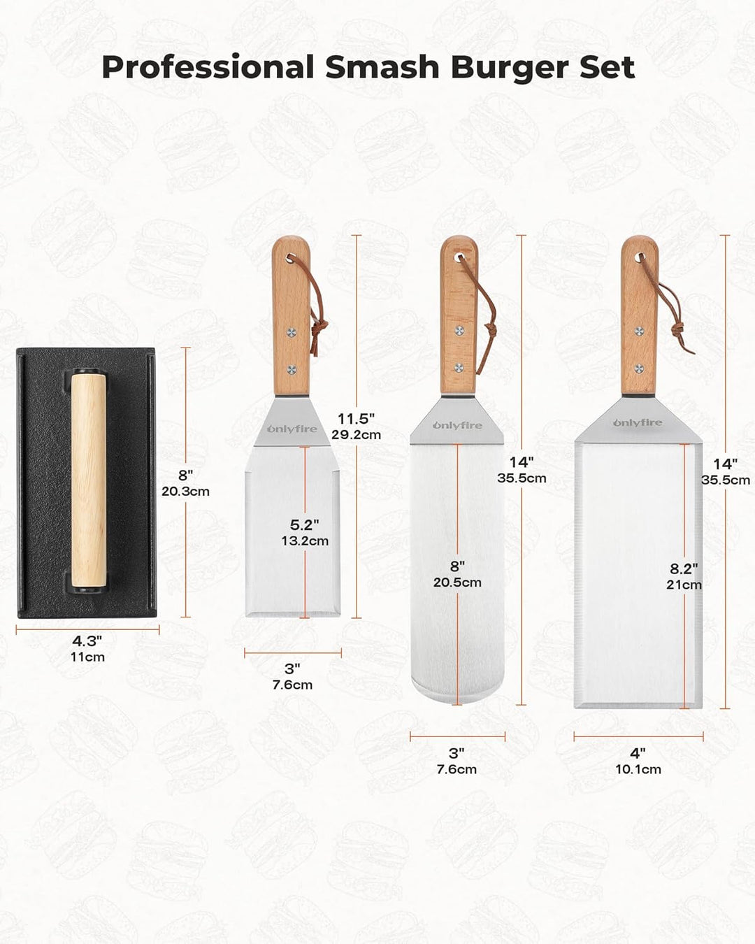 Onlyfire Grillspachtel Plancha Kit – Edelstahl-Grillspachtel , Schaber und Gusseisen-Grillpresse für