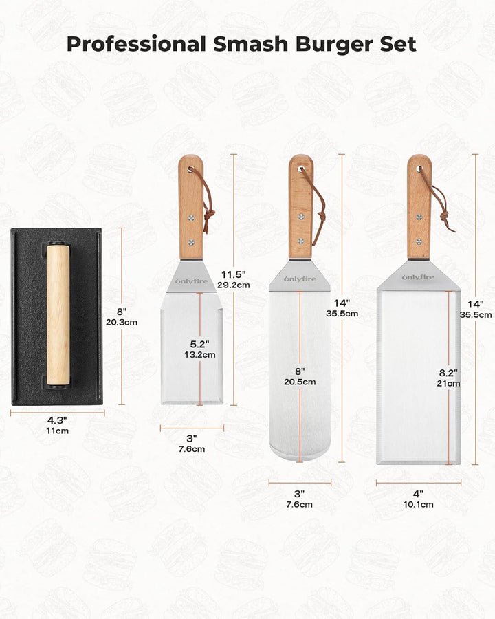 Onlyfire Grillspachtel Plancha Kit – Edelstahl-Grillspachtel , Schaber und Gusseisen-Grillpresse für