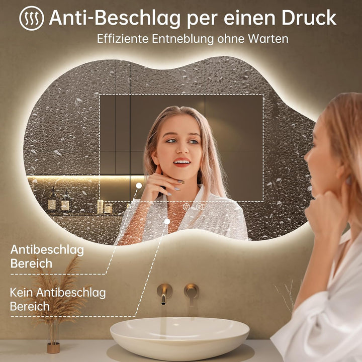 Spiegel mit Beleuchtung Asymmetrischer LED Badspiegel 100 x 60 cm mit Touch-Schalter, Dimmbar 3 Lich