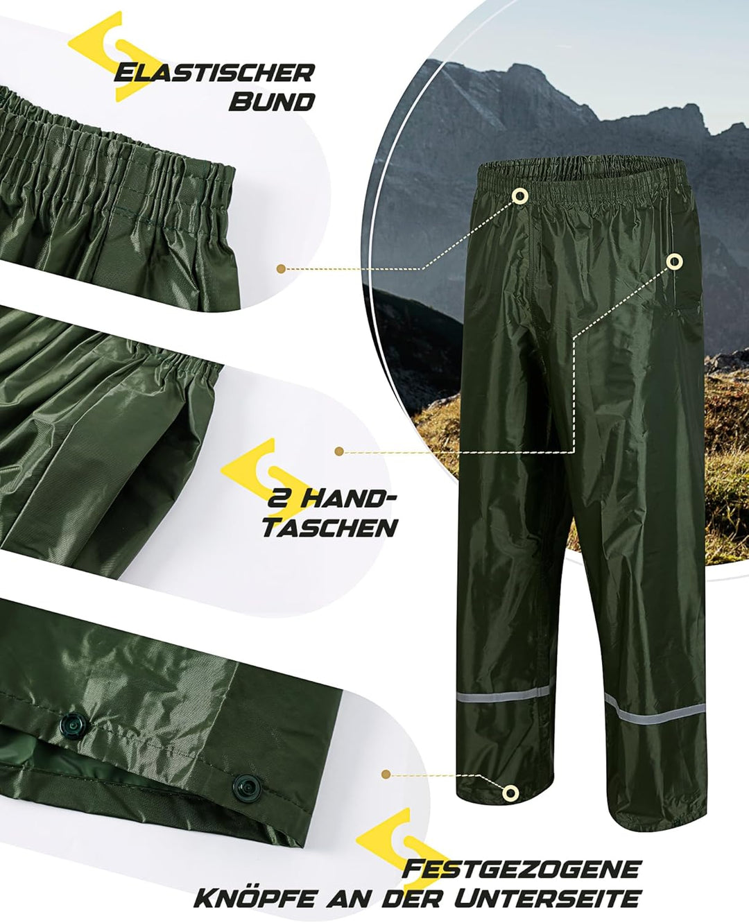 Scheibler Workwear – Basic Regenhose Herren – Outdoor Hose mit Gummizug & Reflektoren – Wind- & wass