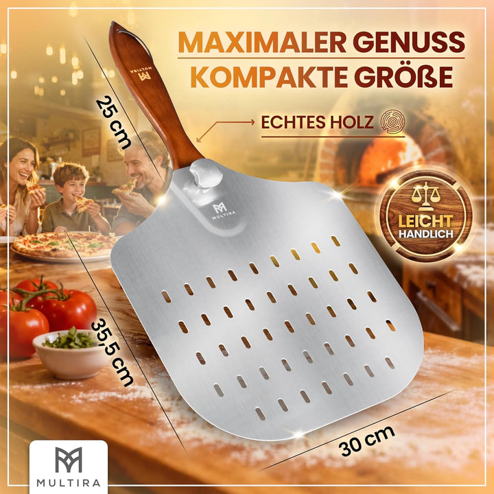 Pizzaschieber Aluminium drehbar | Ergonomischer Holzgriff, perforierte Schaufel, abnehmbar & hitzebe