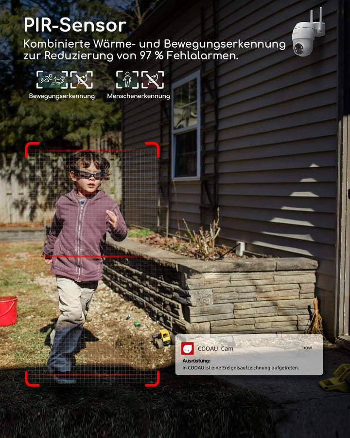 COOAU 2K Überwachungskamera Aussen Akku , 355°/90° Schwenkbar, Kabellose WLAN IP Kamera Outdoor mit