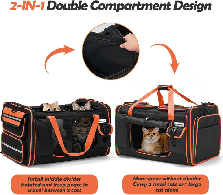 Odoland Katzentransportbox für 2 grosse Katzen 60×38×35cm - Faltbar Erweiterbarer Transporttasche Ka