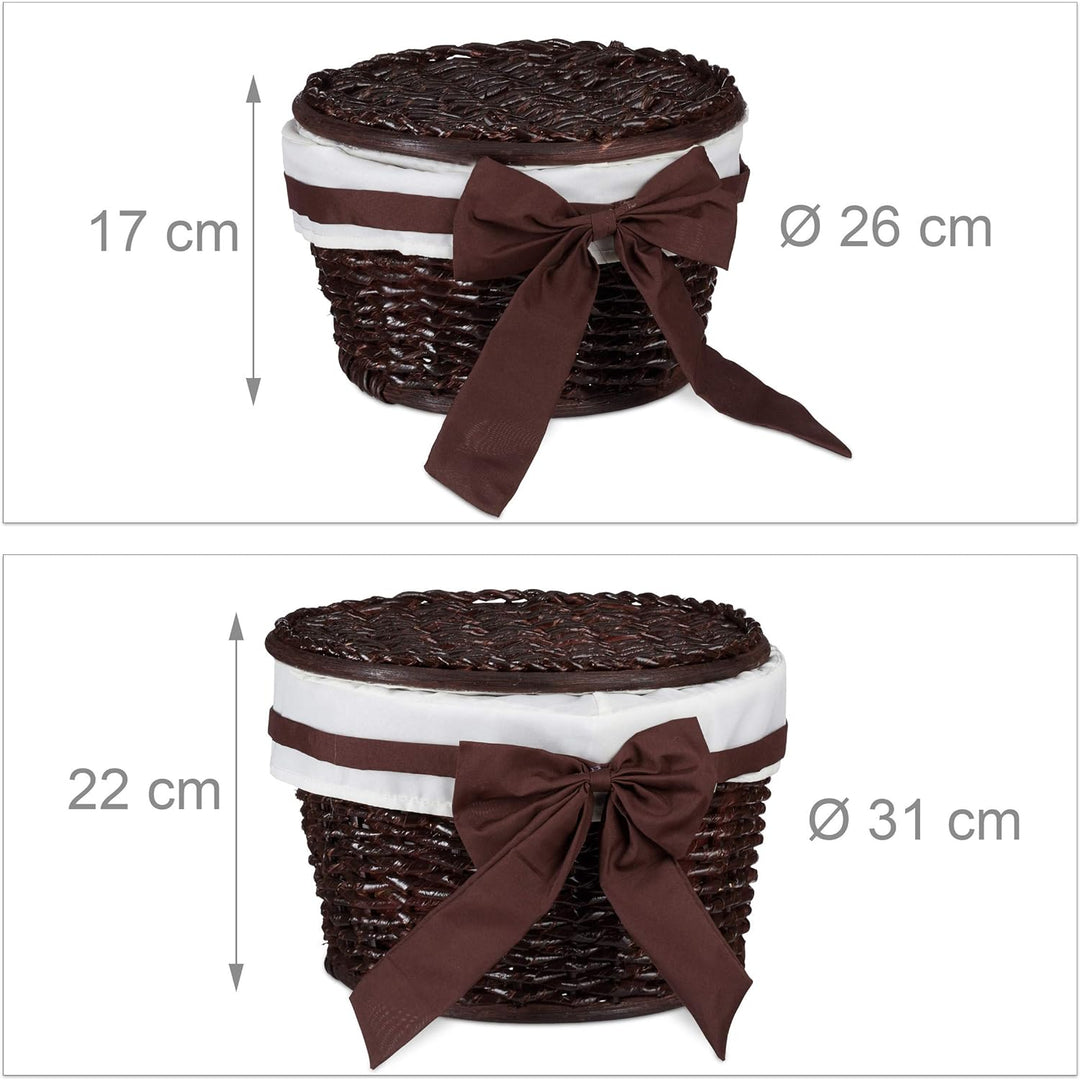 Relaxdays, Schokobraun Badkörbchen 2er Set, Aufbewahrung, Korbset mit Deckel, Dekokörbe aus Buri Hol