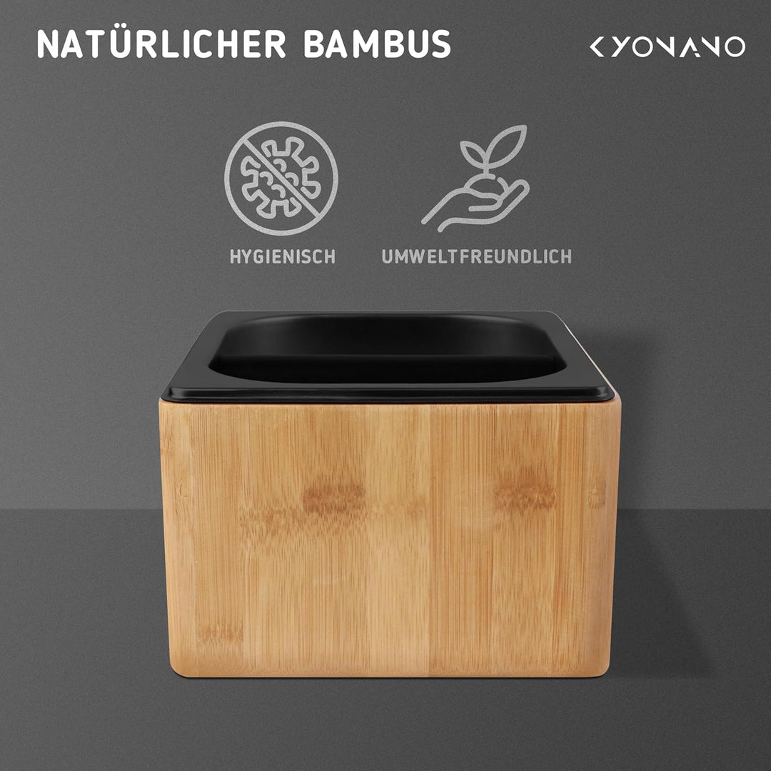 KYONANO Abklopfbehälter für Siebträger - Barista Zubehör, Knock Box aus Bambus & Schwarzer Edelstahl