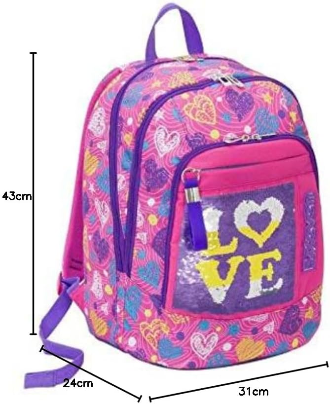 Seven S.P.A. Advanced School Backpack - Shineheart - Rosa - 30 l - Wendbare Pailletten - Reflektiere
