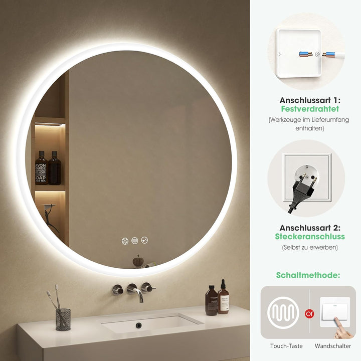 S'bagno Runder-Badspiegel-mit-Beleuchtung-90cm, Badezimmerspiegel-mit-Beleuchtung-und-Bluetooth, Ent