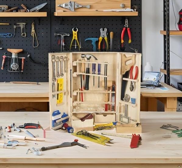 Leomark Deluxe Holz Werkzeug für Kinder - 50-TLG - Werkzeugkasten, Kompakter Werkzeugkoffer, Holzsch
