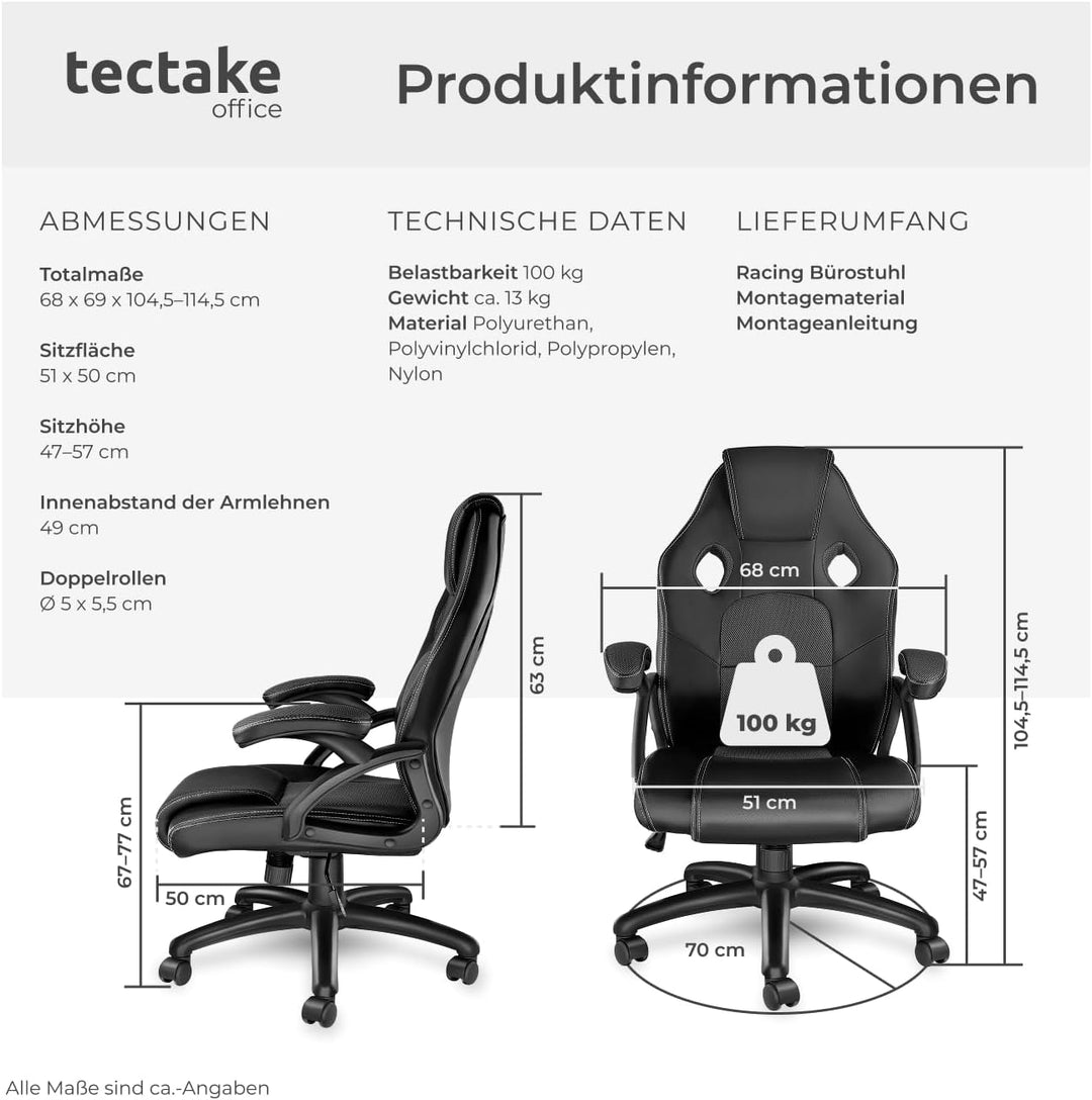 tectake® Racing Bürostuhl, Gaming Stuhl mit Wippfunktion, Chefsessel, Drehstuhl mit Rollen, höhenver