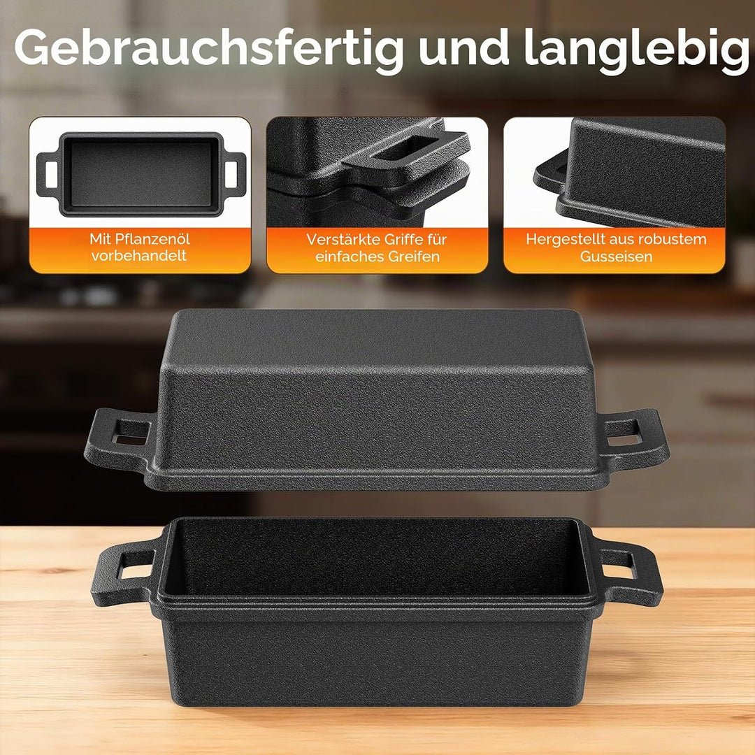 Brotbackform aus Gusseisen – 32cm Gusseisen Topf Brot backen mit Deckel, rechteckiger Brotbacktopf,