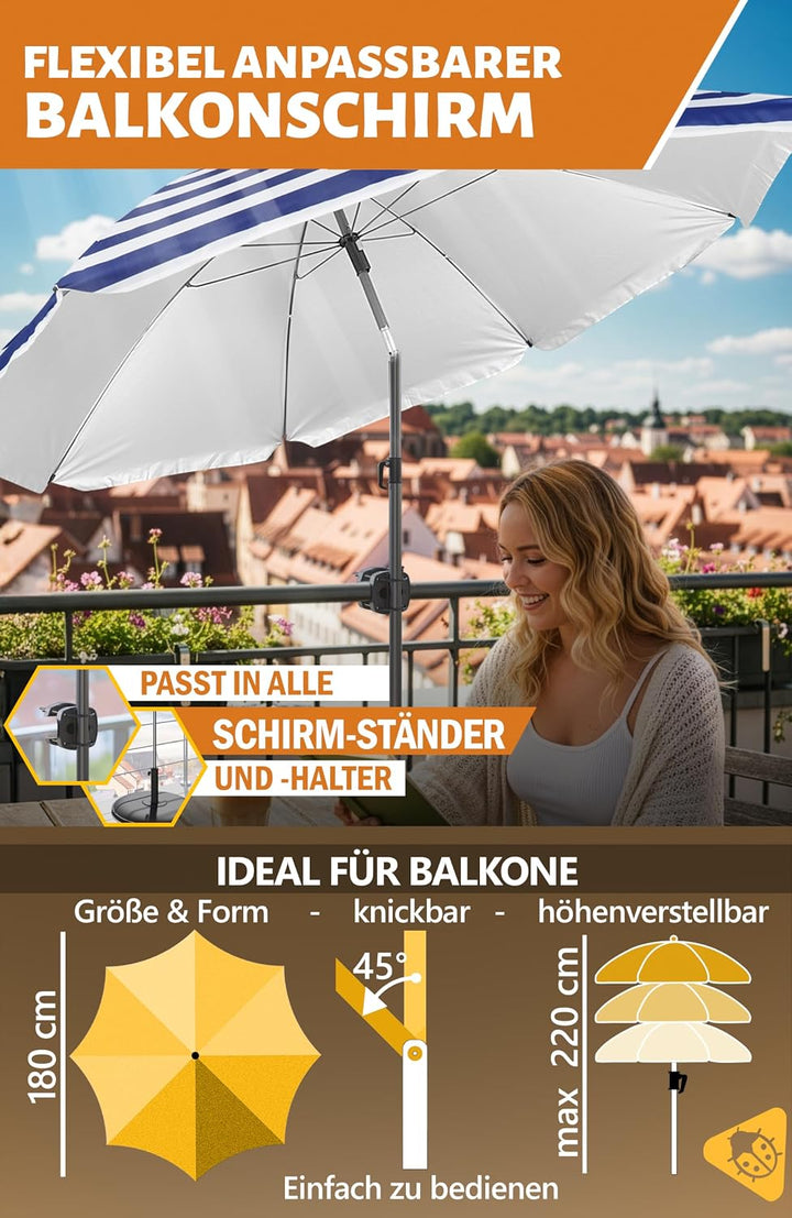 4smile Sonnenschirm Balkon 3-in-1 SET SunnyJoy, Blau-Weiss - UPF 50+ Sonnenschirm Ø 180 cm + Sonnens