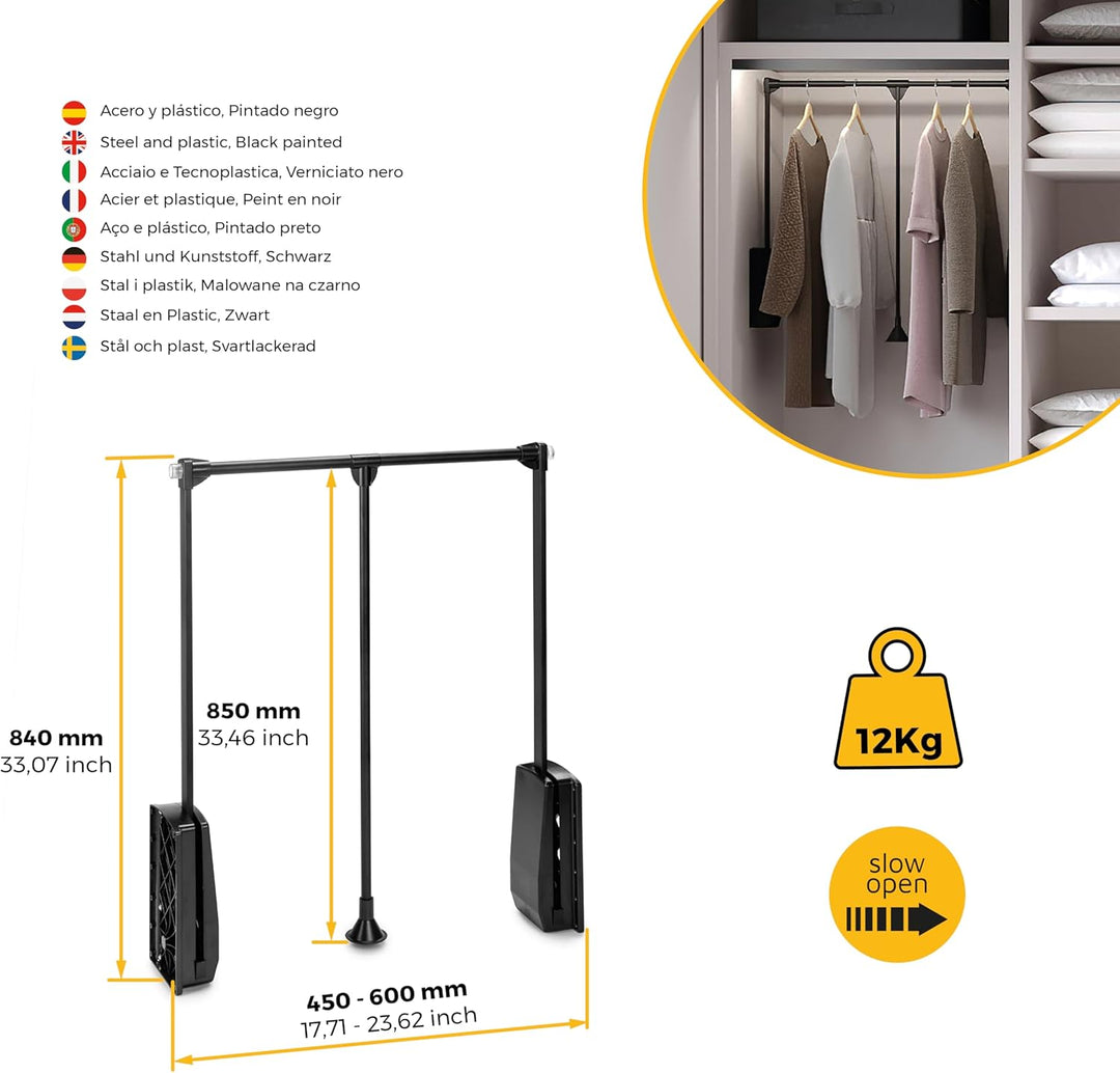 Emuca - Kleiderlift für Schrank, Ausziehbarer Kleiderlift 450-600mm Breite, Schrankinnenseiten Monta