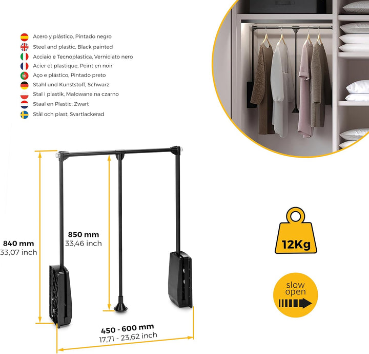 Emuca - Kleiderlift für Schrank, Ausziehbarer Kleiderlift 450-600mm Breite, Schrankinnenseiten Monta