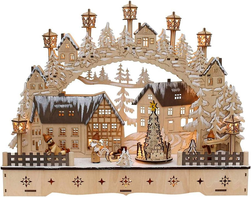Dekohelden24 LED Holz Schwibbogen mit bewegtem Weihnachtsbaum, Motiv: Weihnachtsmann und Schneekinde
