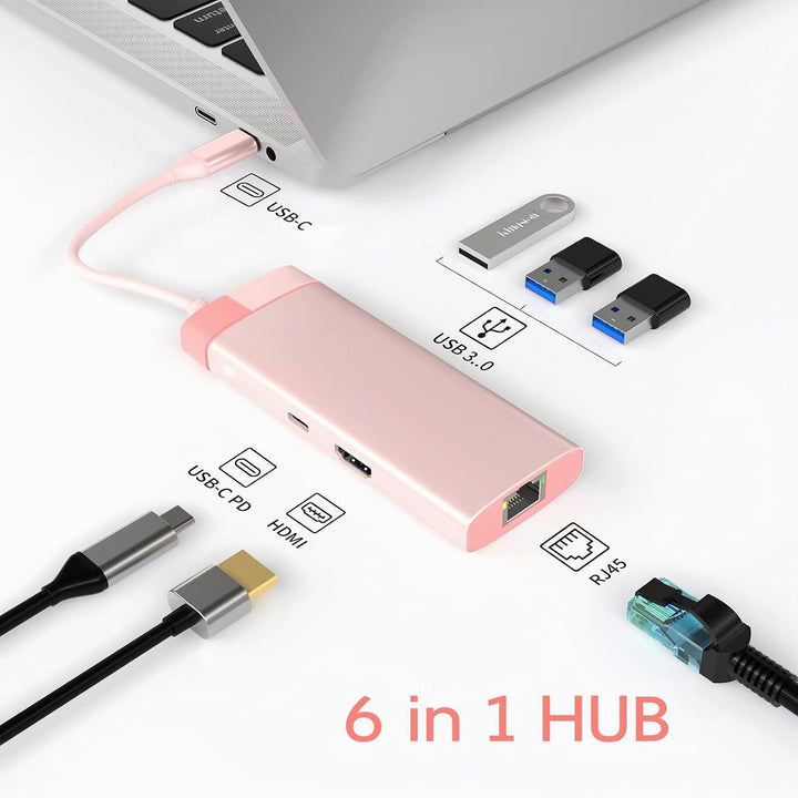 USB C Hub, USB C Adapter 6 in 1 mit Gigabit RJ45 Ethernet, 3×USB 3.0, 4K HDMI und 100W PD, Dockingst