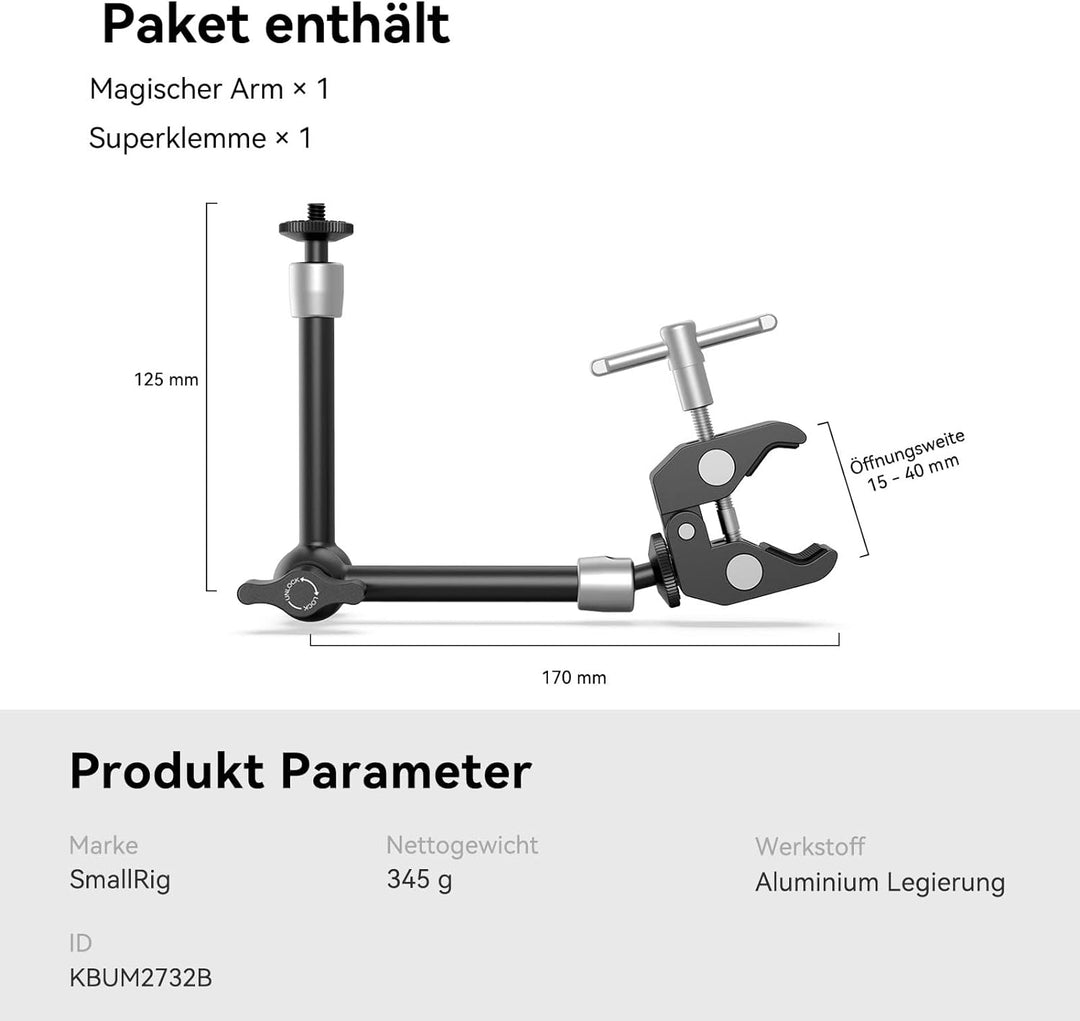 SMALLRIG 10 Zoll Magic Arm mit Super Clamp Large Crab Zangenclip für Monitor LED Licht - KBUM2732, 1
