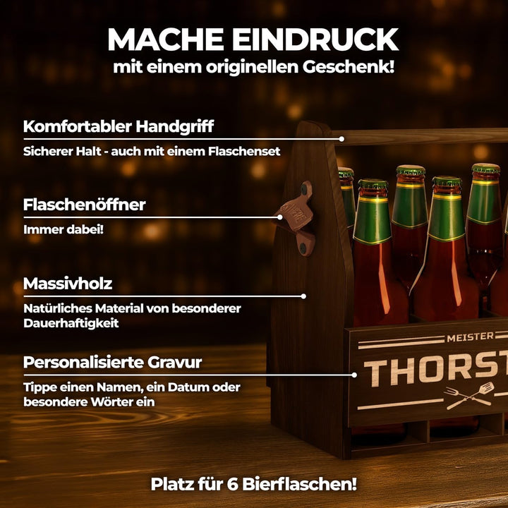 Maverton Bierträger für 6 Flaschen 0,5L + Gravur - Männerhandtasche mit Flaschenöffner - Grösse: 25x