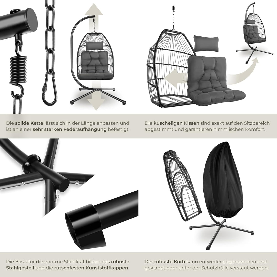 tectake® Hängesessel mit Gestell, Dicke Kissen, Möbel, Deko für Wohnzimmer, Jugendzimmer, Balkon, Ou