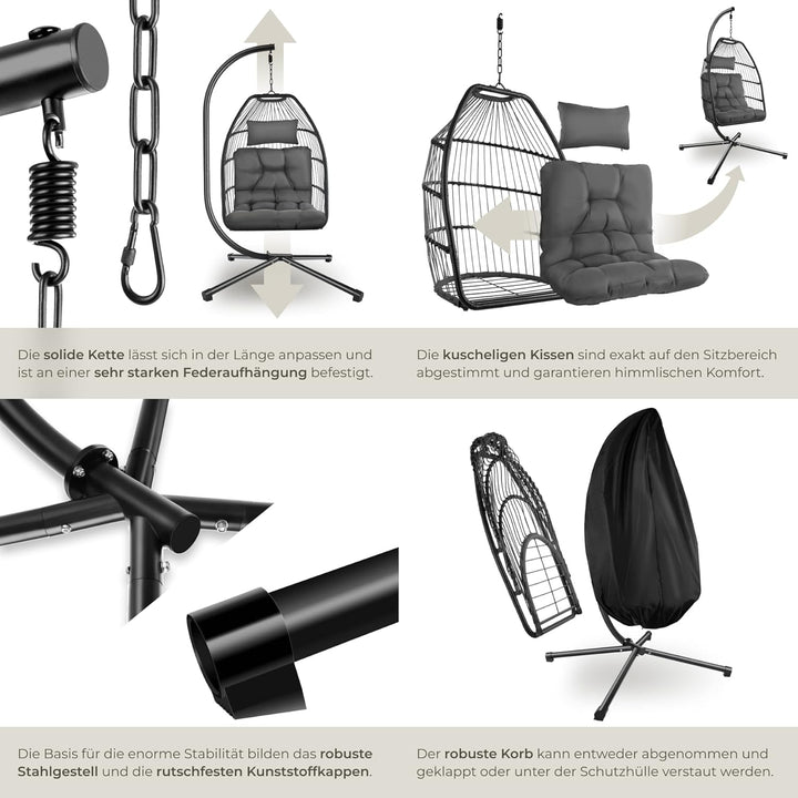 tectake® Hängesessel mit Gestell, Dicke Kissen, Möbel, Deko für Wohnzimmer, Jugendzimmer, Balkon, Ou