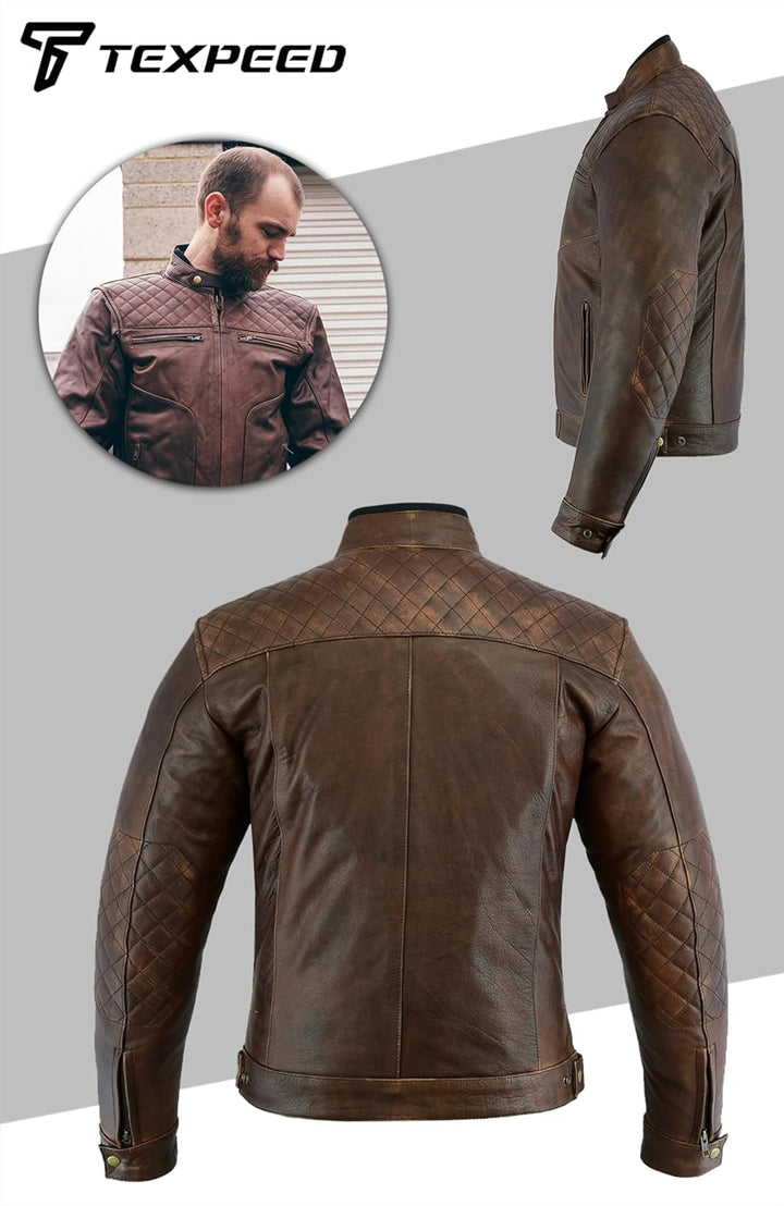Texpeed Braun Motorrad lederjacke herren mit protektoren - Leder mit Rautensteppung - Motorrad Mit O