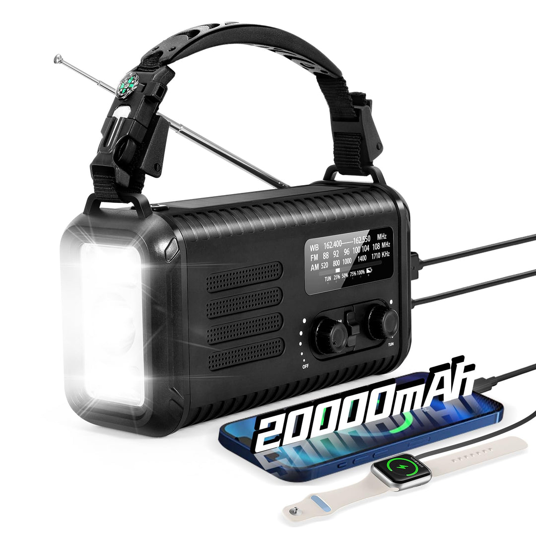Notfallradio, Crank Wetterradio, 20000mAh Solarradio, Hand Kurbelradio mit AM/FM/NOAA, tragbares Rad