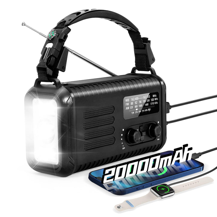 Notfallradio, Crank Wetterradio, 20000mAh Solarradio, Hand Kurbelradio mit AM/FM/NOAA, tragbares Rad