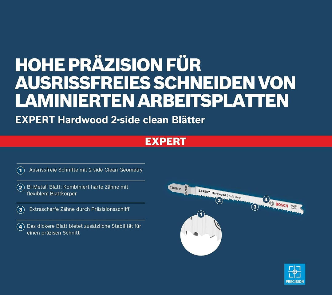 Bosch Professional 25x Stichsägeblatt Expert ‘Hardwood 2-Side Clean’ T 308 BFP (für Küchenarbeitspla